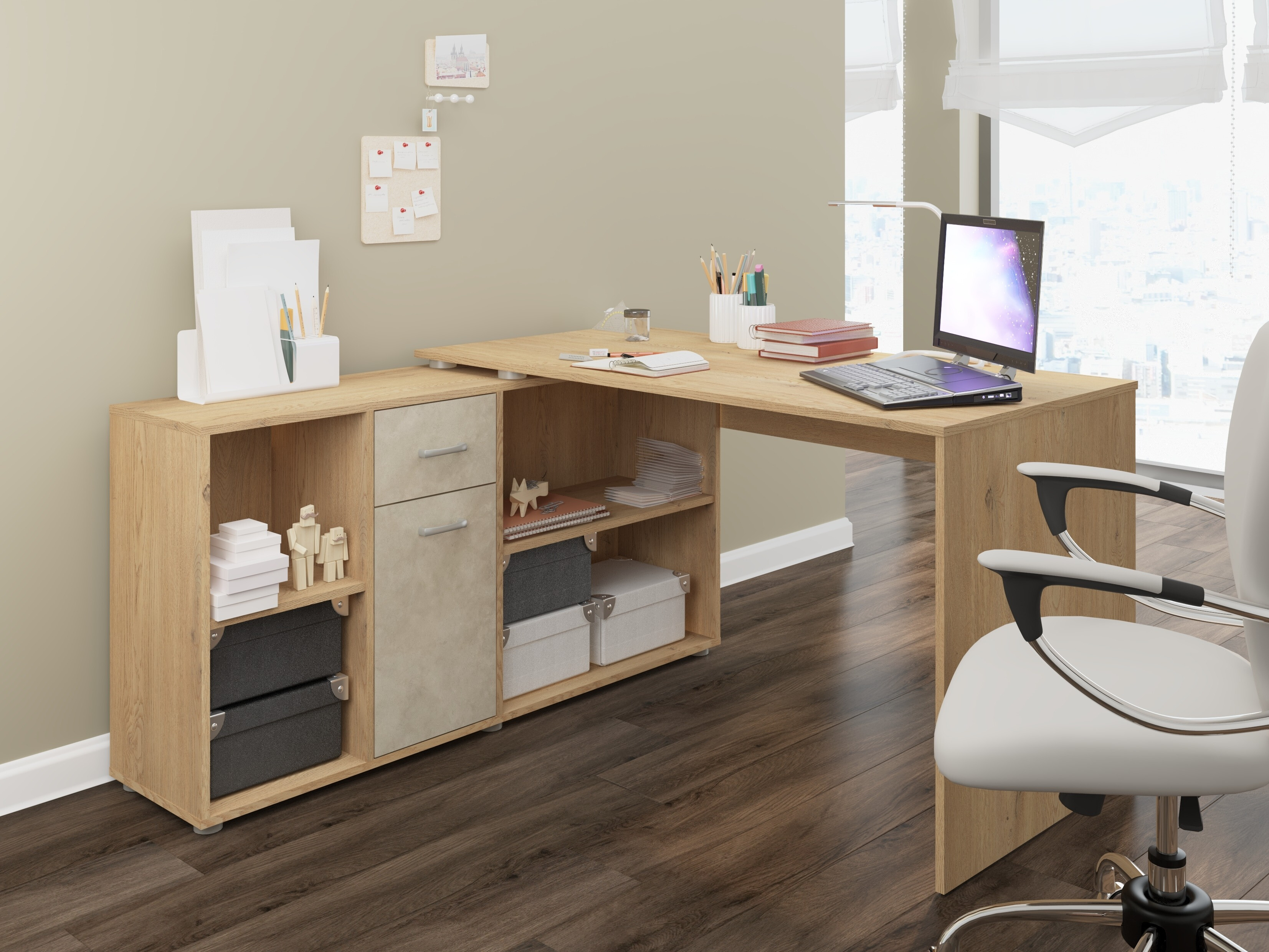 Hjørneskrivebord Gilroy 113 (Cremona-eg + Beige)