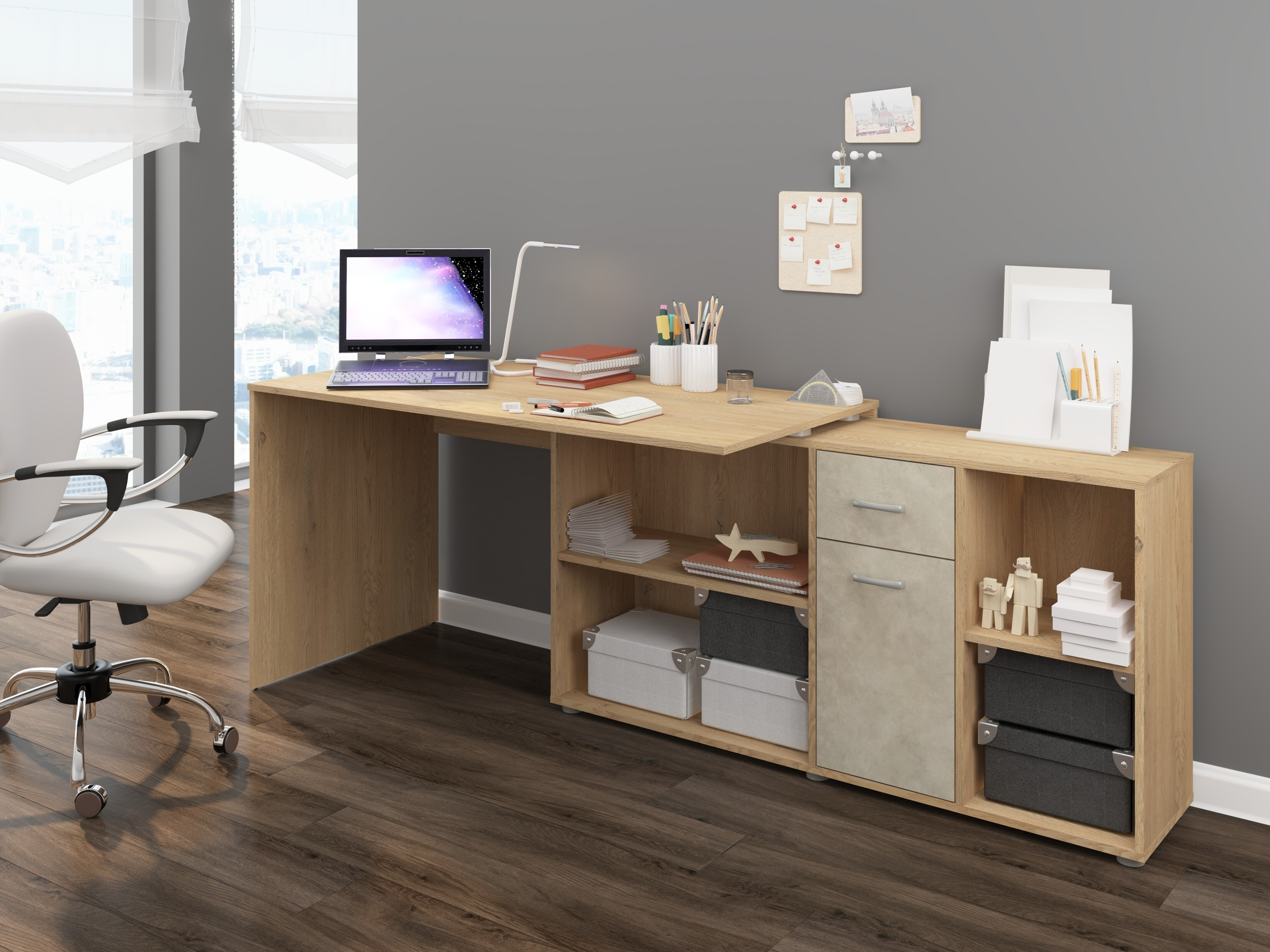 Hjørneskrivebord Gilroy 113 (Cremona-eg + Beige)