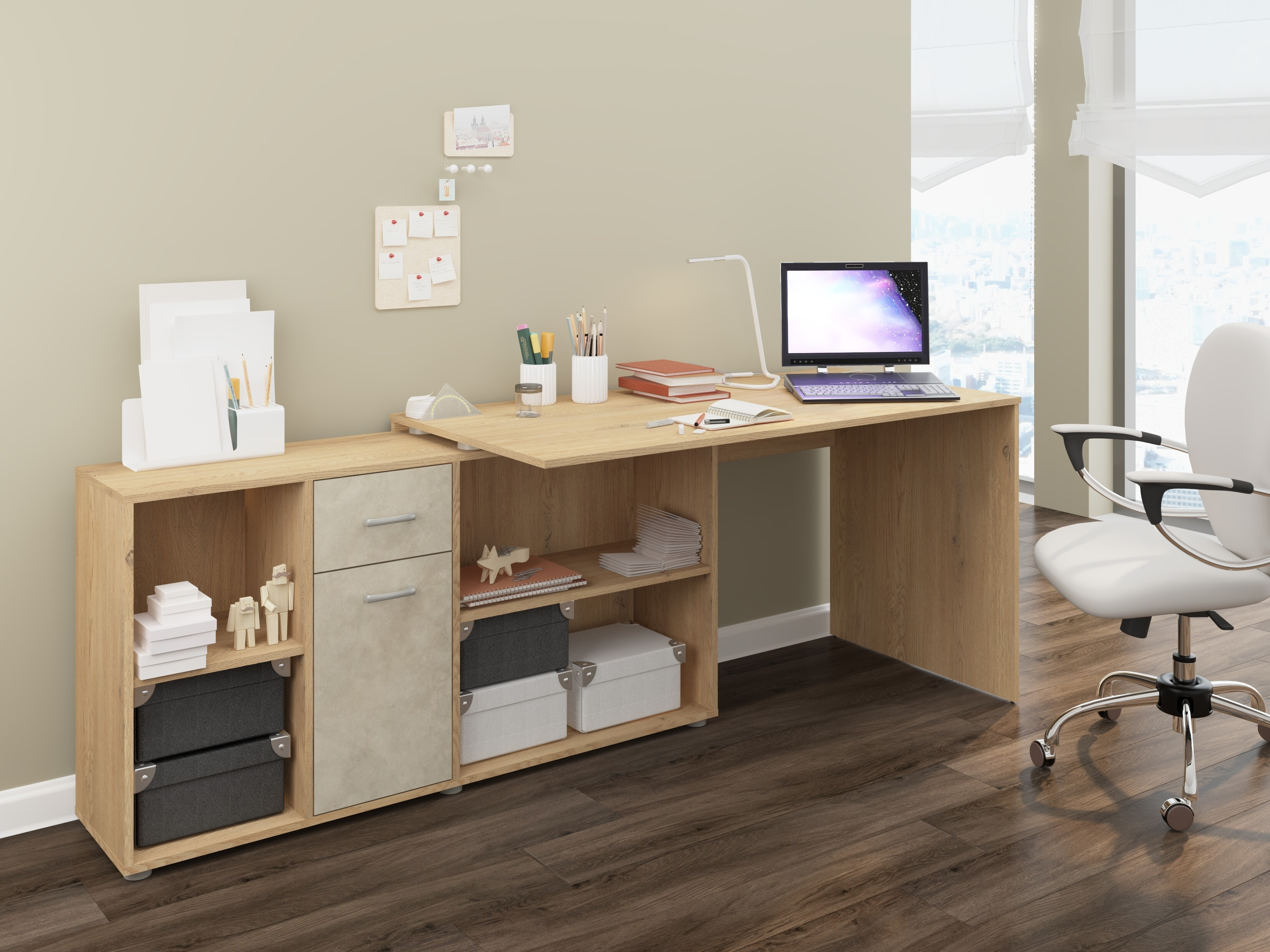 Hjørneskrivebord Gilroy 113 (Cremona-eg + Beige)