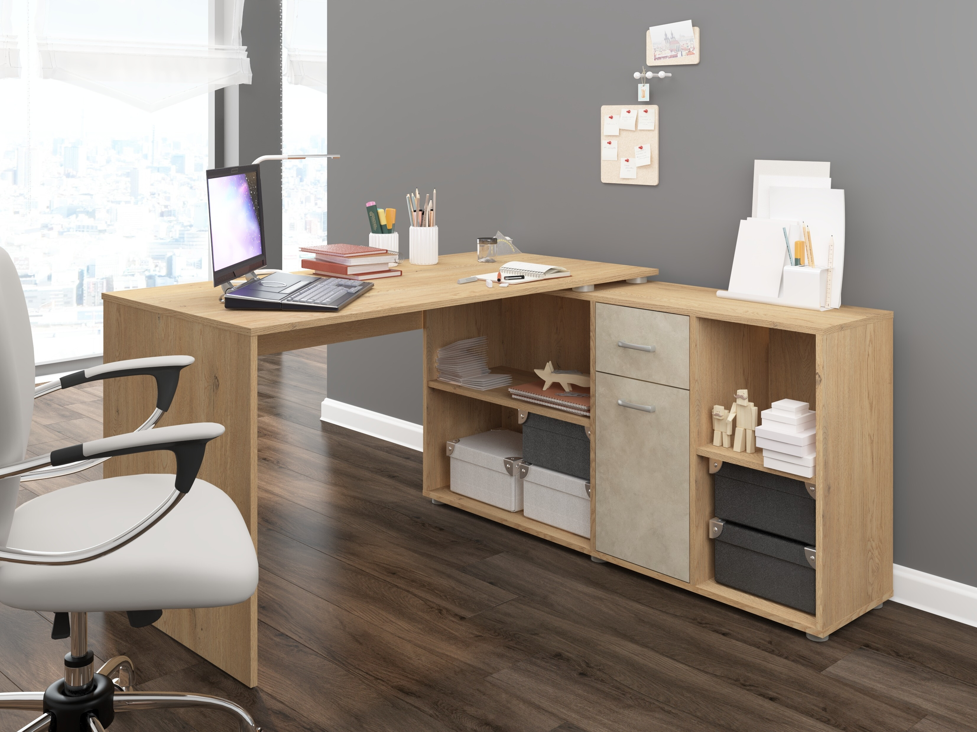 Hjørneskrivebord Gilroy 113 (Cremona-eg + Beige)