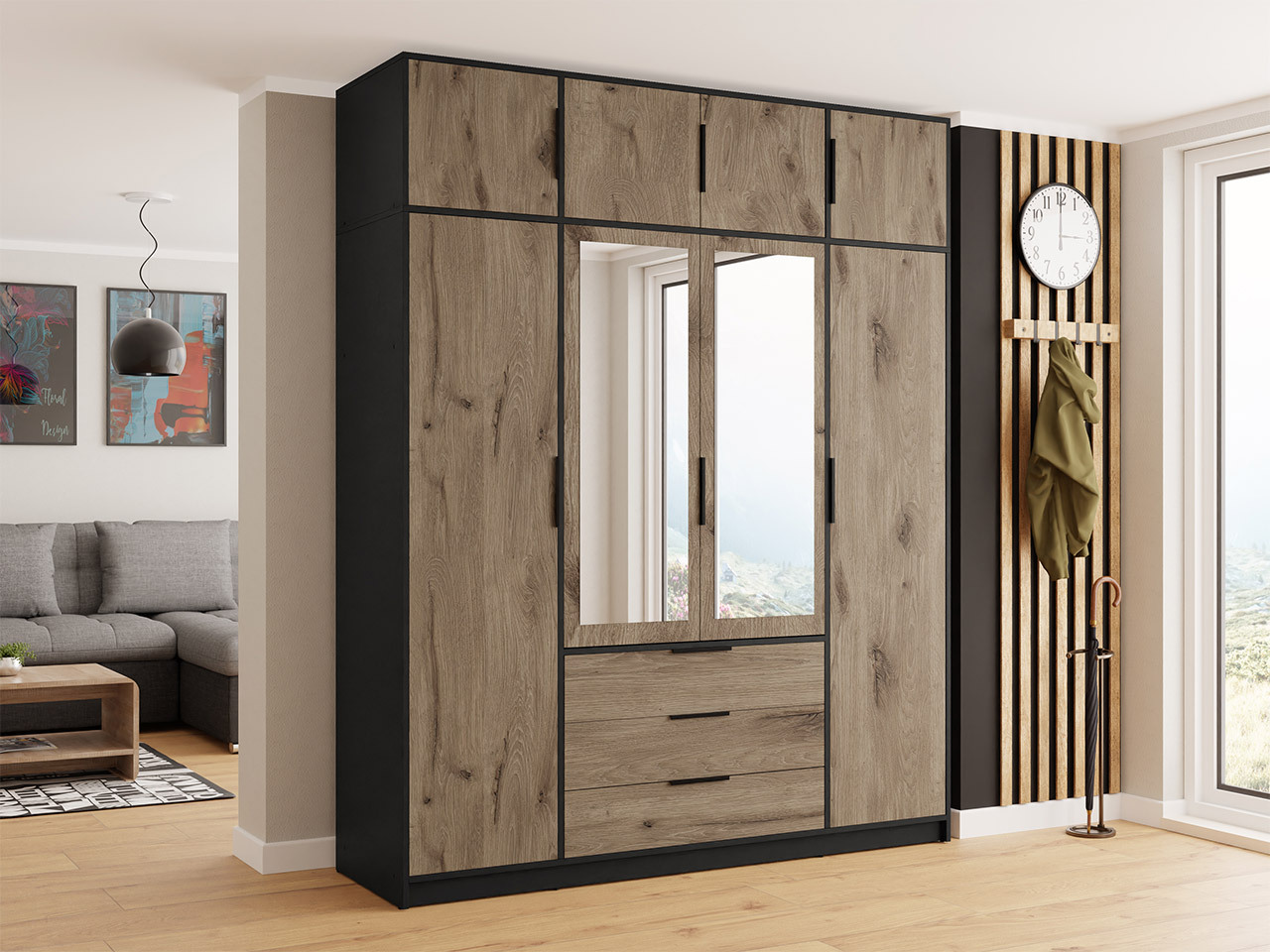 Garderobeskab Ophdome 114 (Mørk eg + Sort)