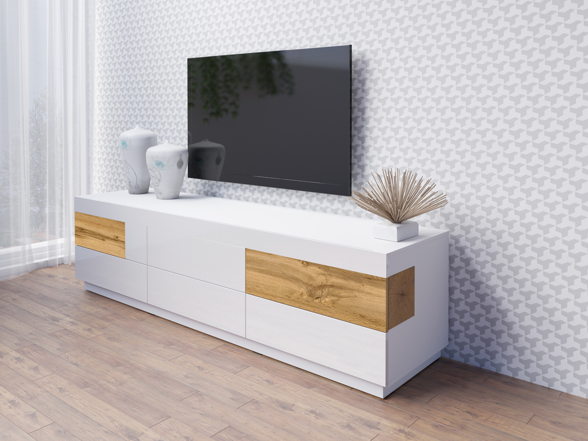 TV-bord Livlore 102 (Hvid + Glansfuld hvid + Wotan eg)