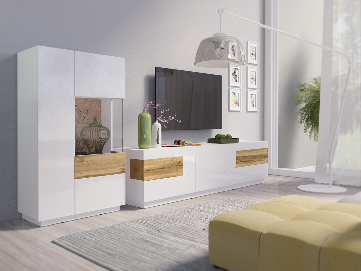 TV-bord Livlore 102 (Hvid + Glansfuld hvid + Wotan eg)